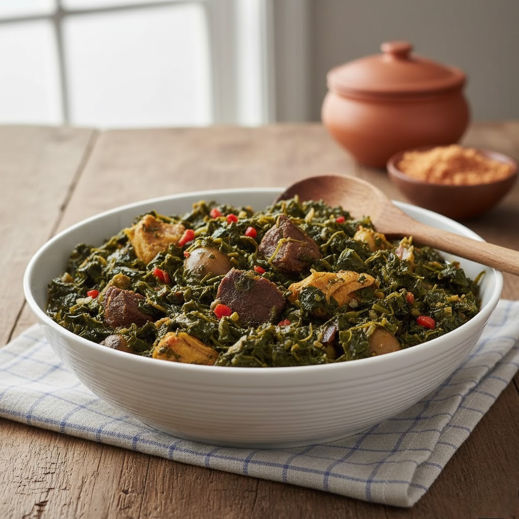 Vegetable Soup (Edikang Ikong) with Pounded Yam